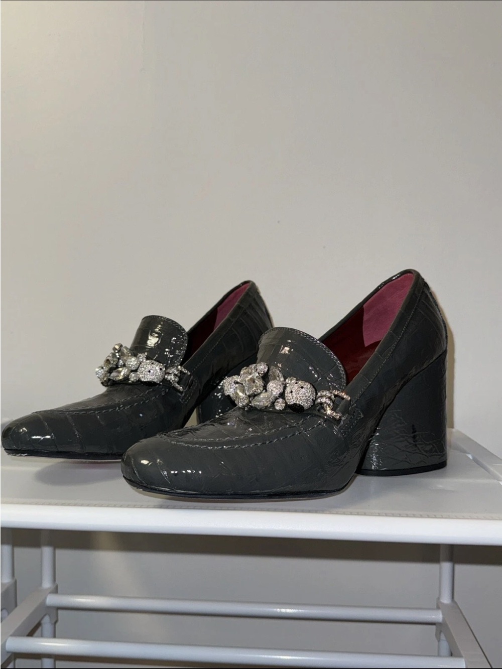 Marc Jacobs Gray Patent Crystal-Embellished Block Heel Loafers